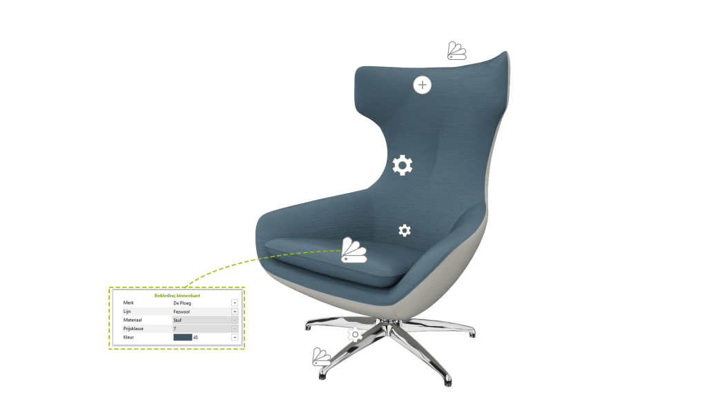 Geconfigureerde blauwe stoel met poten uit pCon tool