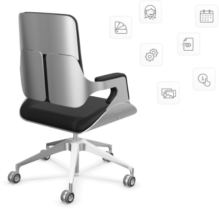 Een zilvere geconfigureerde stoel vanuit de bCon.box, gratis interieur software