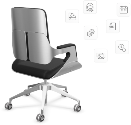 Een zilvere geconfigureerde stoel vanuit de bCon.box, de mobiele ontwerptool