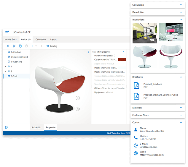a printscreen of pCon.basket with a configurable chair and information about this chair
