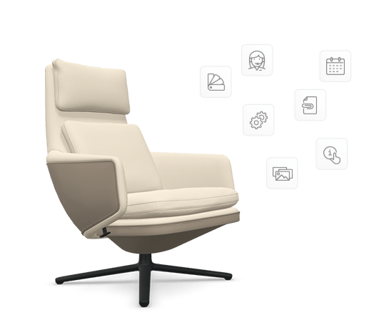 A beige chair with different icons in pCon facts