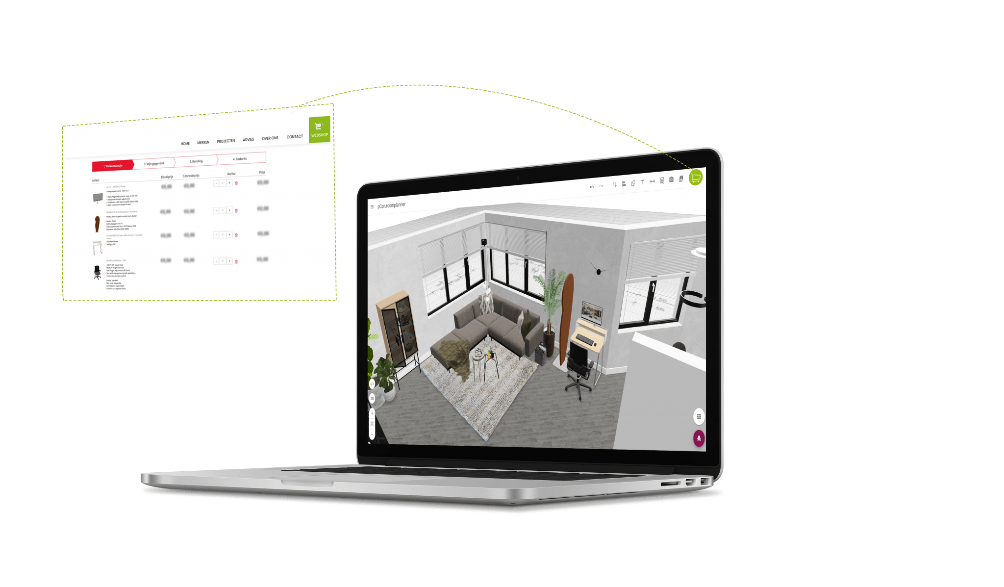 Laptop with pCon.roomplanner connecting to your webshop