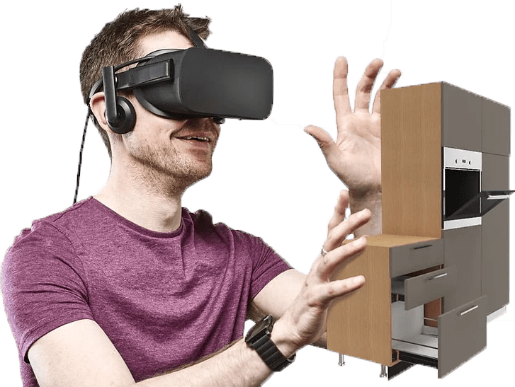 Men in Virtual reality world with the VR-Viewer Plugin of pCon software with a kitchen