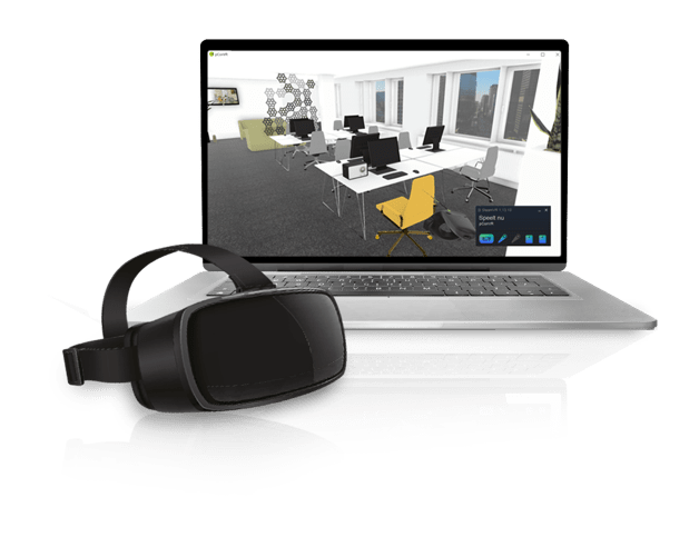 a laptop with VR glasses with pCon.planner our space planning tool