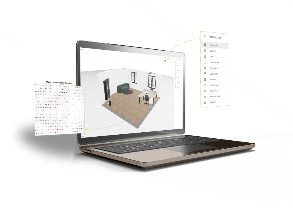 A mock-up laptop with pCon.roomplanner: a online furnishing planner