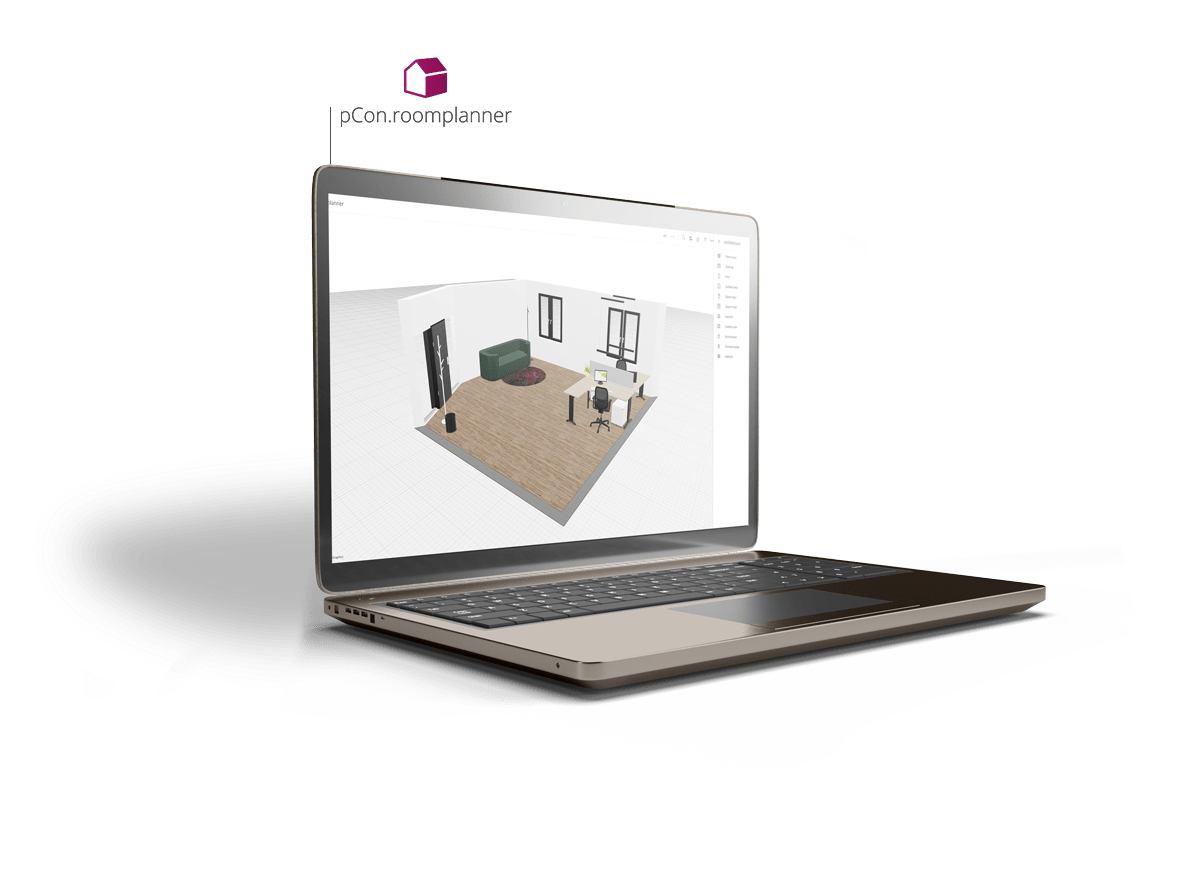 a mockup of a laptop with the ecommerce system pCon.roomplanner online planner