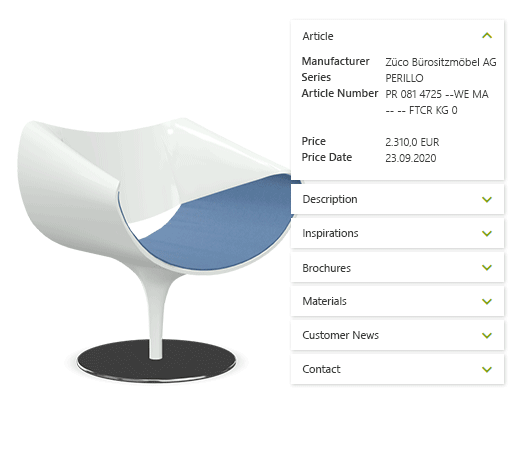 A configurable white chair with data in pCon application