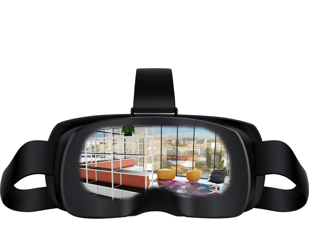 Een virtual reality bril met een zicht door de glazen heen.